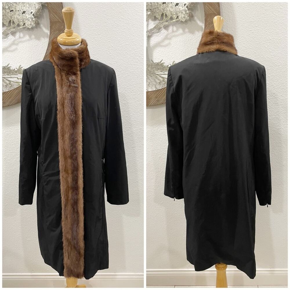 Vintage Sam Rone Long Fur Trimmed Jacket Coat Black Brown